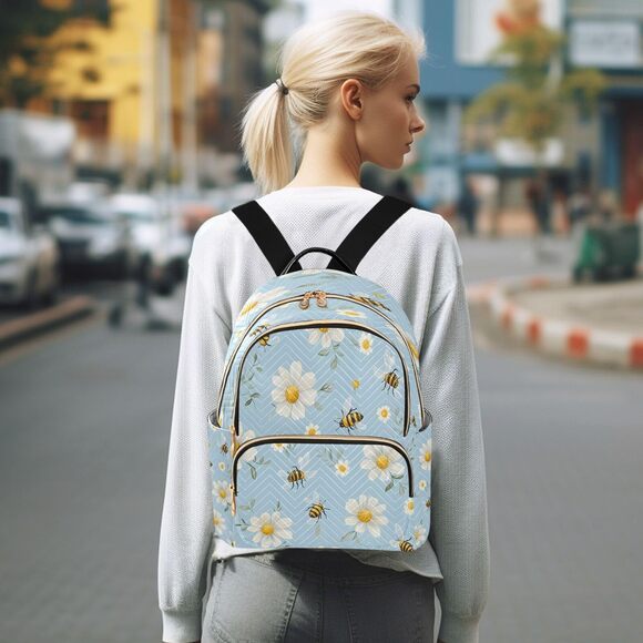 4535 Bees White Daisy Flowers03 Mini Backpack Purse Travel Bag Lightweight